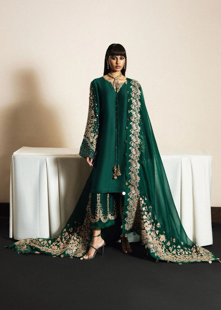 Bottle Green RAW SILK 03-piece suit | Ready To Wear