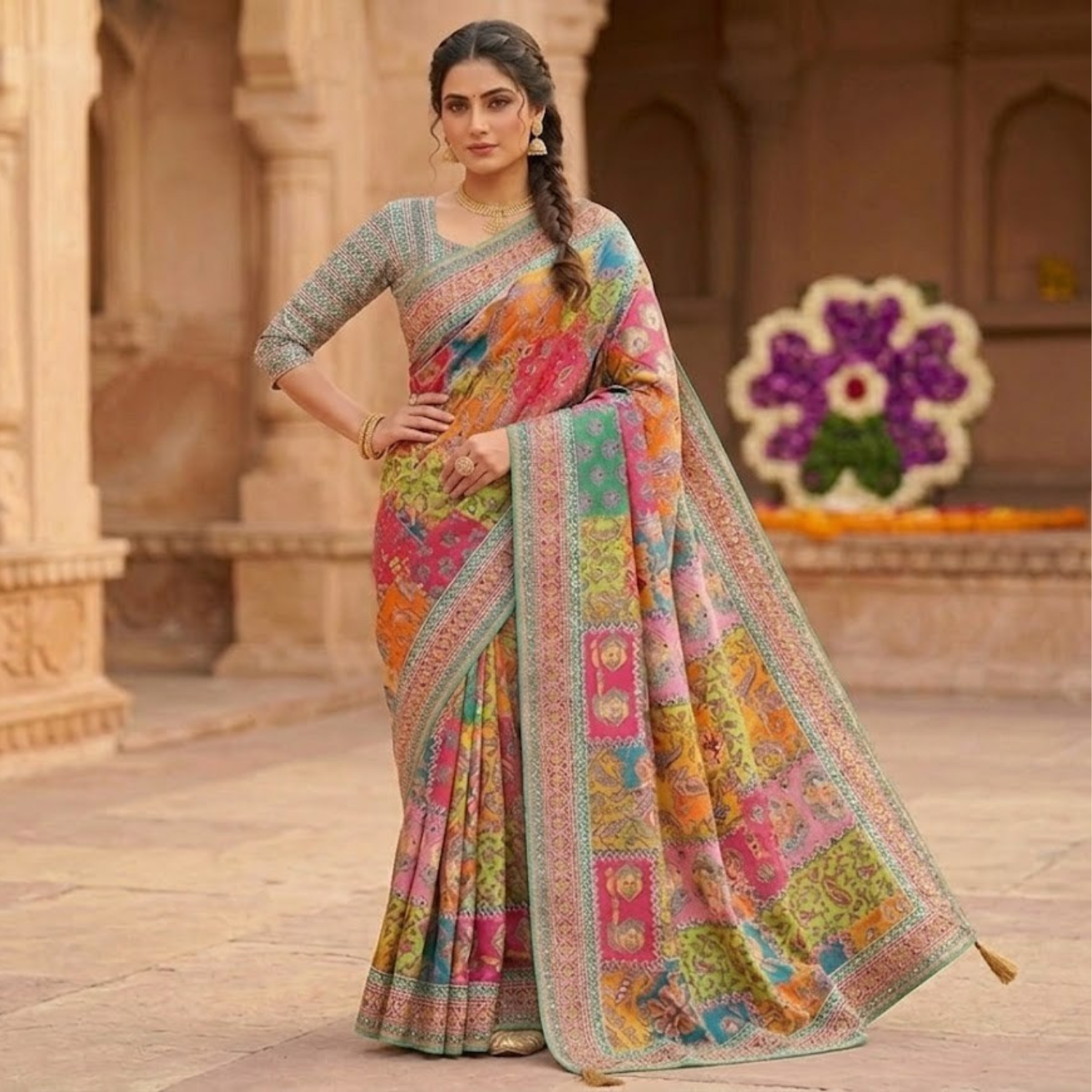 Chinon Silk Saree With Piping Border Latkan Tassels & Authentic Mirror Work Collection For Women