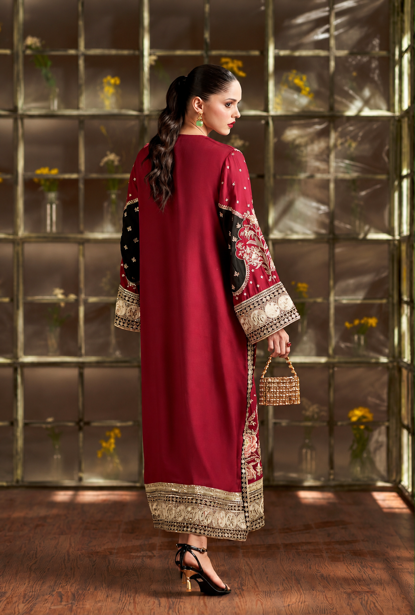 Maroon Embroidered Suit With Black Contrast | Ready To Wear
