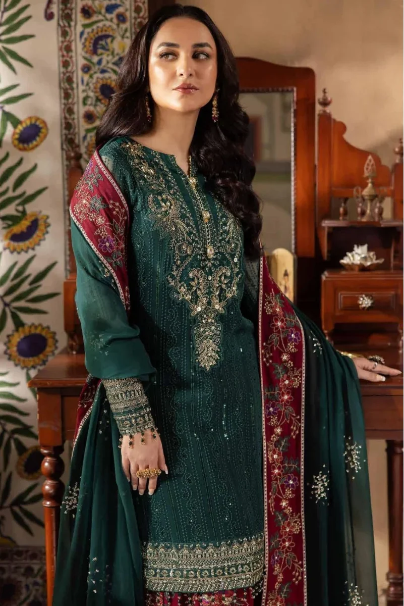 Luxury Embroidered 3-Piece Suit – Deep Green &amp; Maroon | Ready To Wear