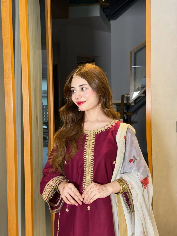 Embroidered Shamooz Silk 3-Piece Suit | Ready To Wear