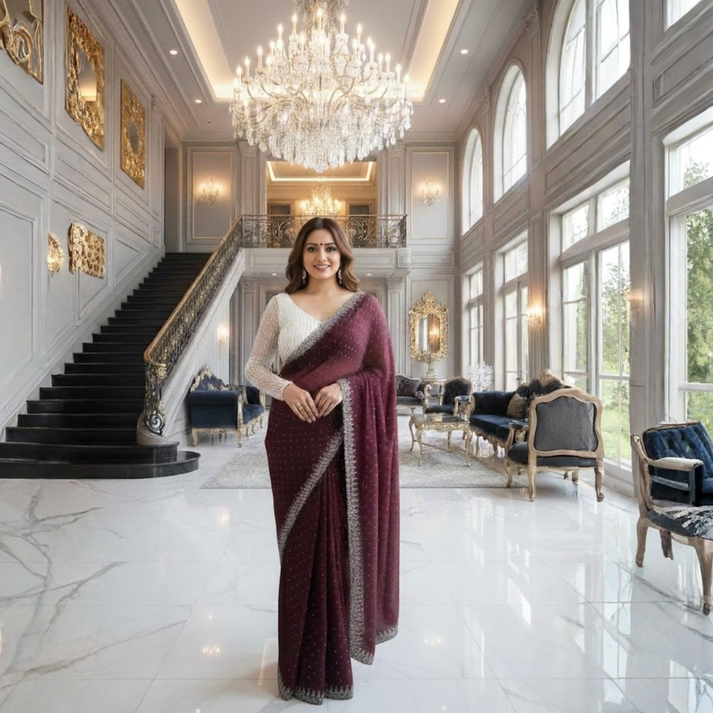 Georgette Saree with Blouse and Diamond Work For Women