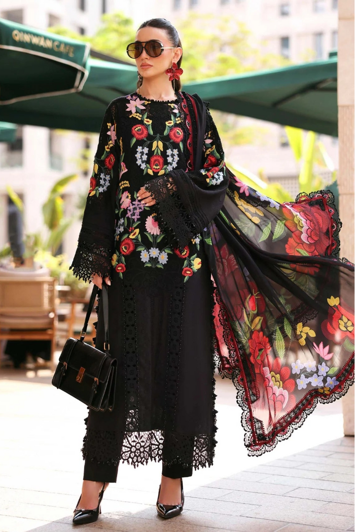 Deep Noir &amp; Multicolor Embroidered Lawn Suit With Printed Silk Dupatta | Ready To Wear