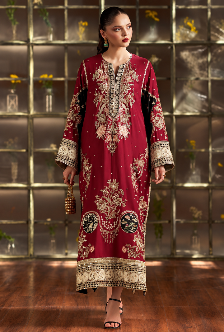 Maroon Embroidered Suit With Black Contrast | Ready To Wear