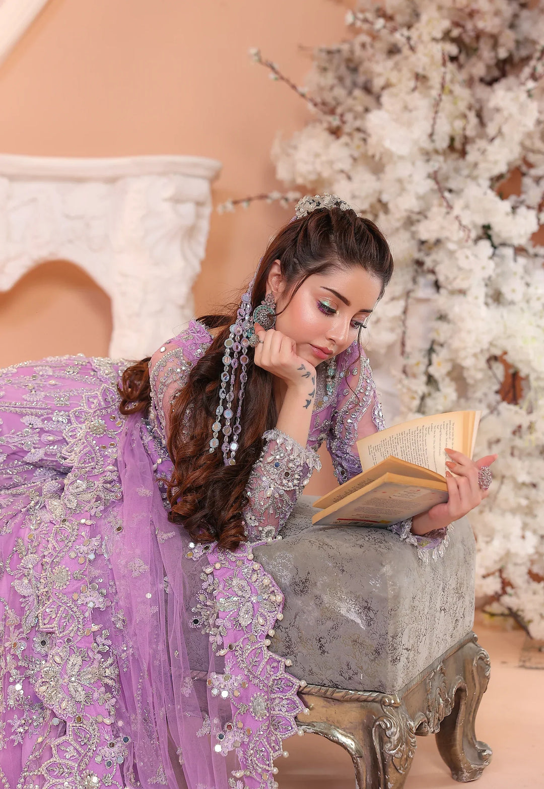 Pastel Lilac &amp; Sparkling Silver: Embroidered Net Bridal Lenge Choli | Ready To Wear