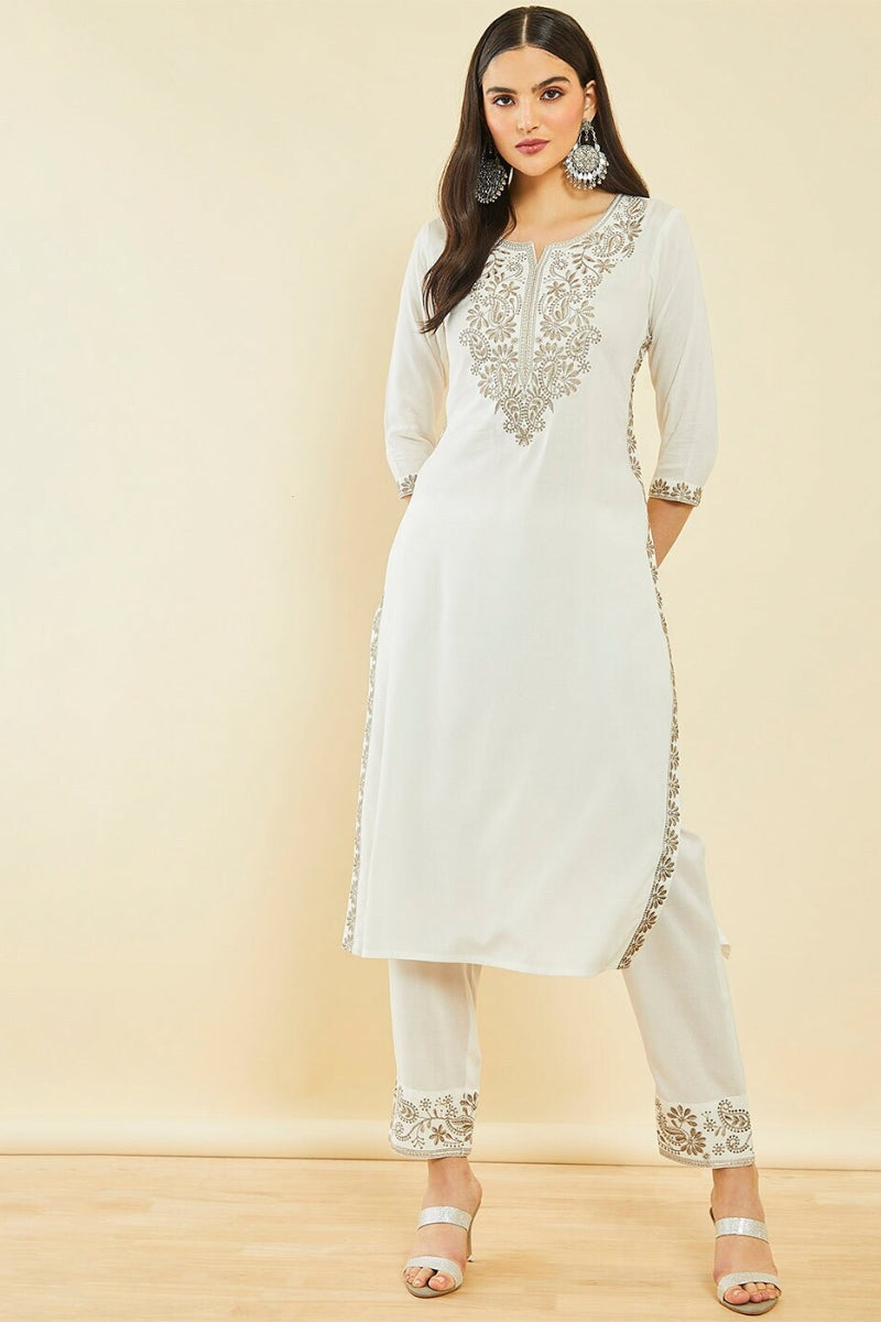 Rayon Floral and Paisley Embroidered Straight Kurta Set