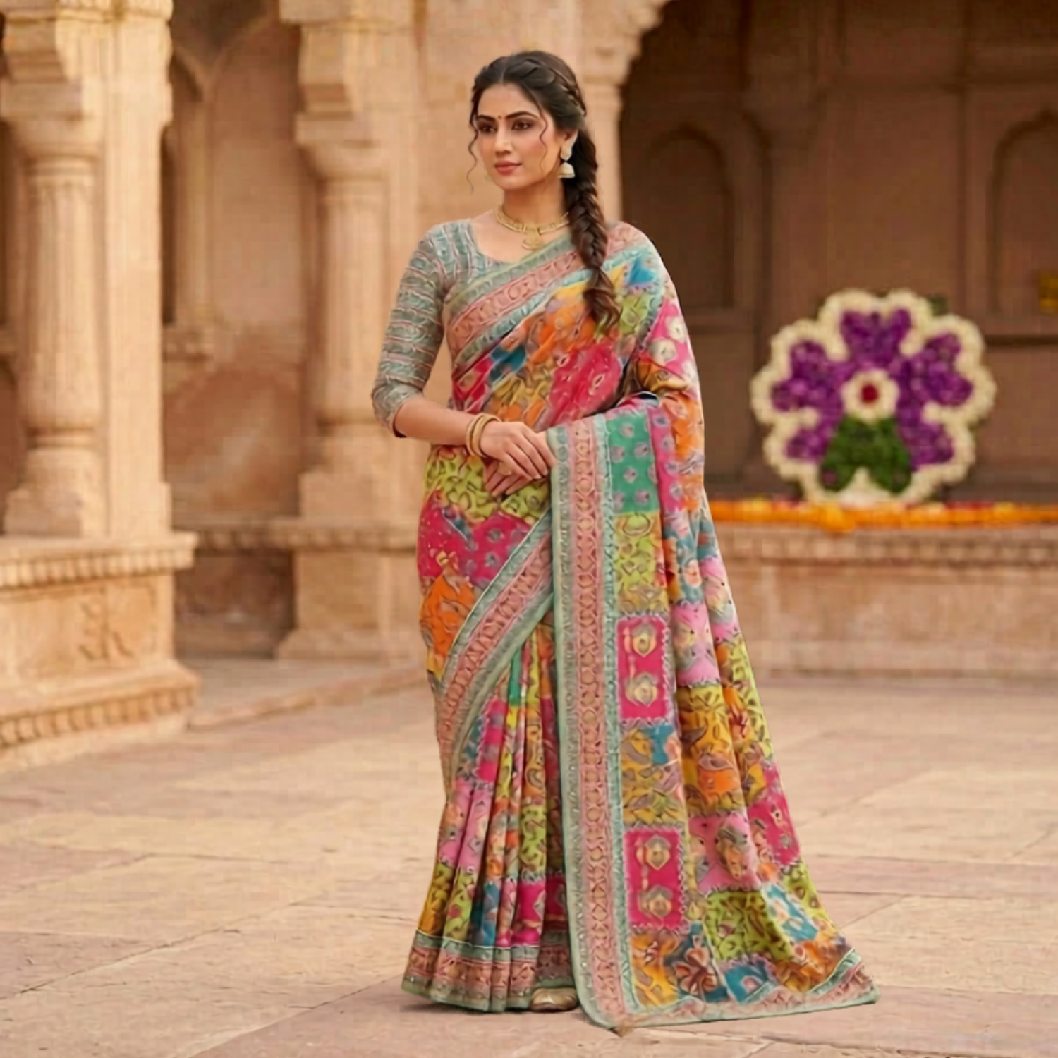 Chinon Silk Saree With Piping Border Latkan Tassels & Authentic Mirror Work Collection For Women