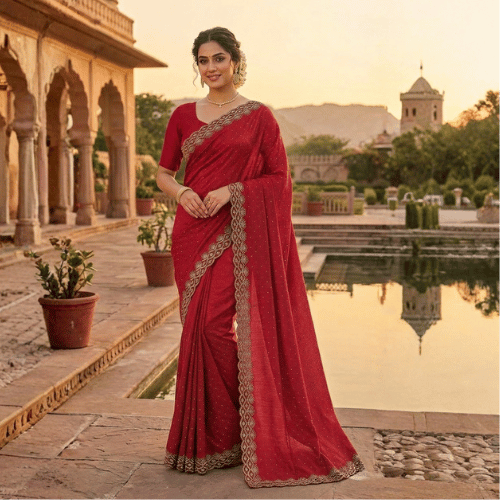 New  Stone Work Fabric  Saree Collection  For  Women