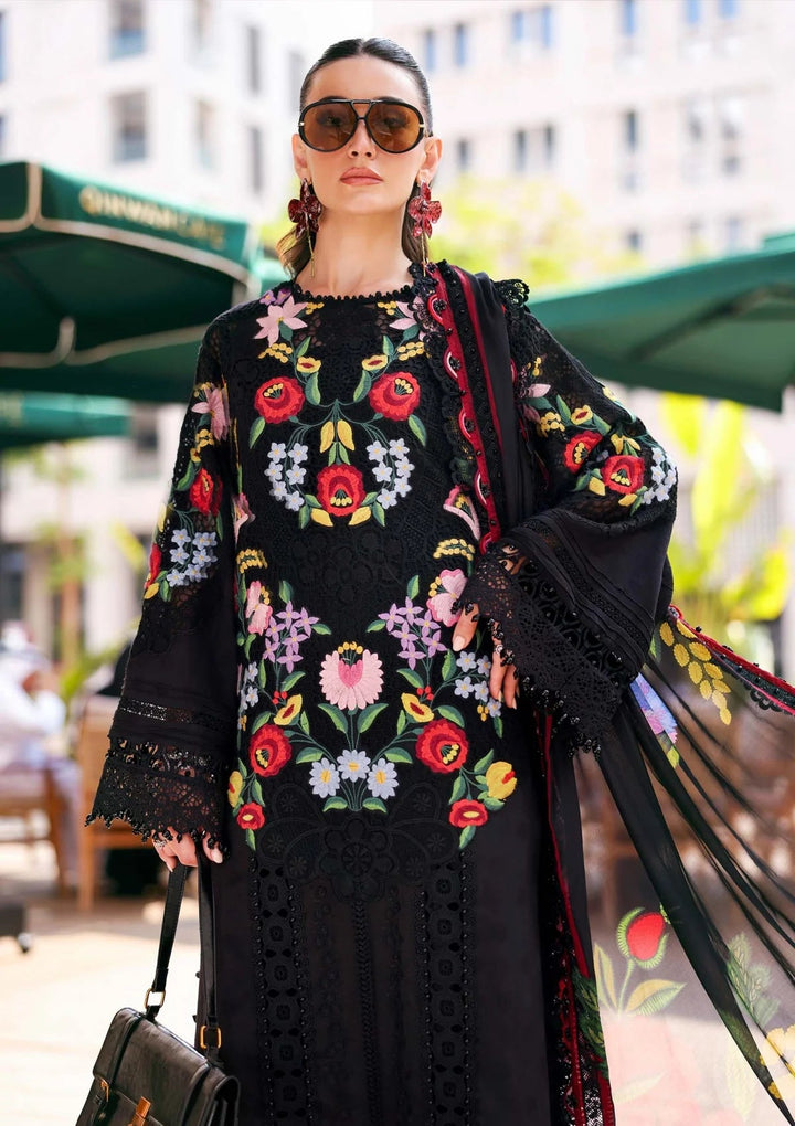 Deep Noir &amp; Multicolor Embroidered Lawn Suit With Printed Silk Dupatta | Ready To Wear