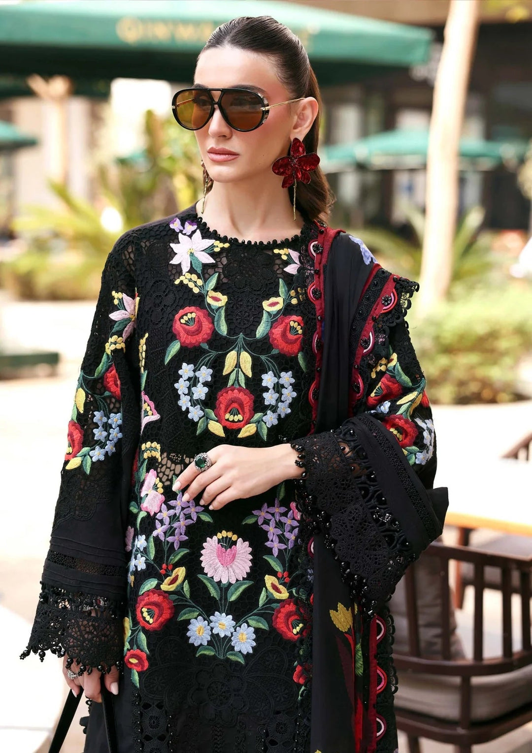 Deep Noir &amp; Multicolor Embroidered Lawn Suit With Printed Silk Dupatta | Ready To Wear