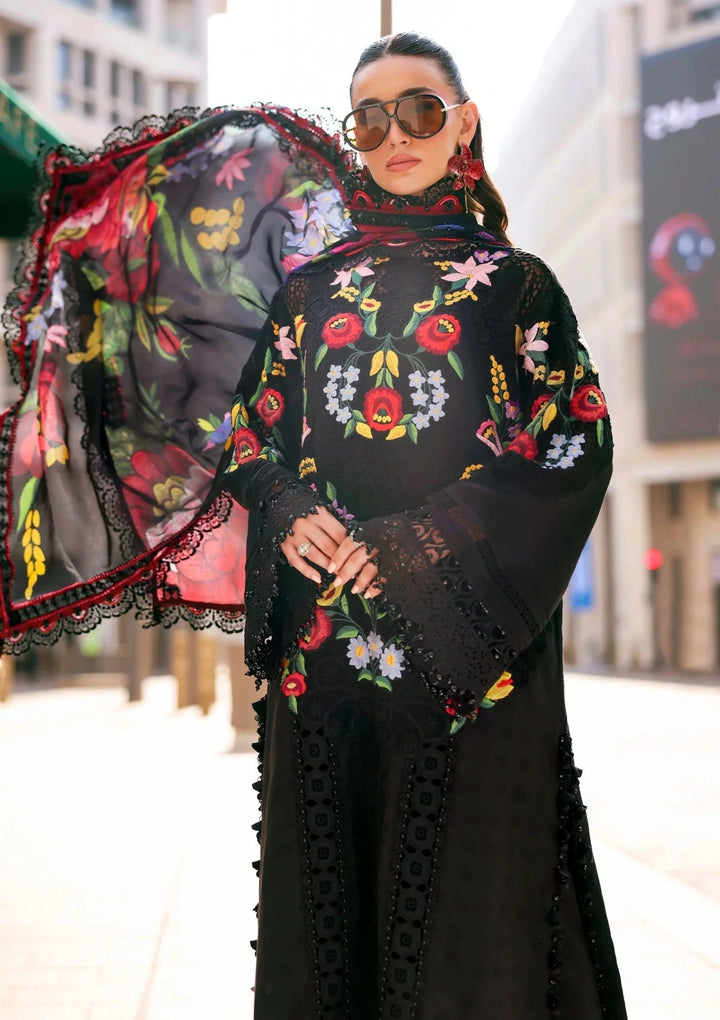 Deep Noir &amp; Multicolor Embroidered Lawn Suit With Printed Silk Dupatta | Ready To Wear