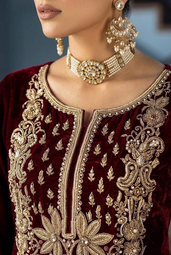 Royal Maroon &amp; Black: Embroidered Velvet Suit | Ready To Wear