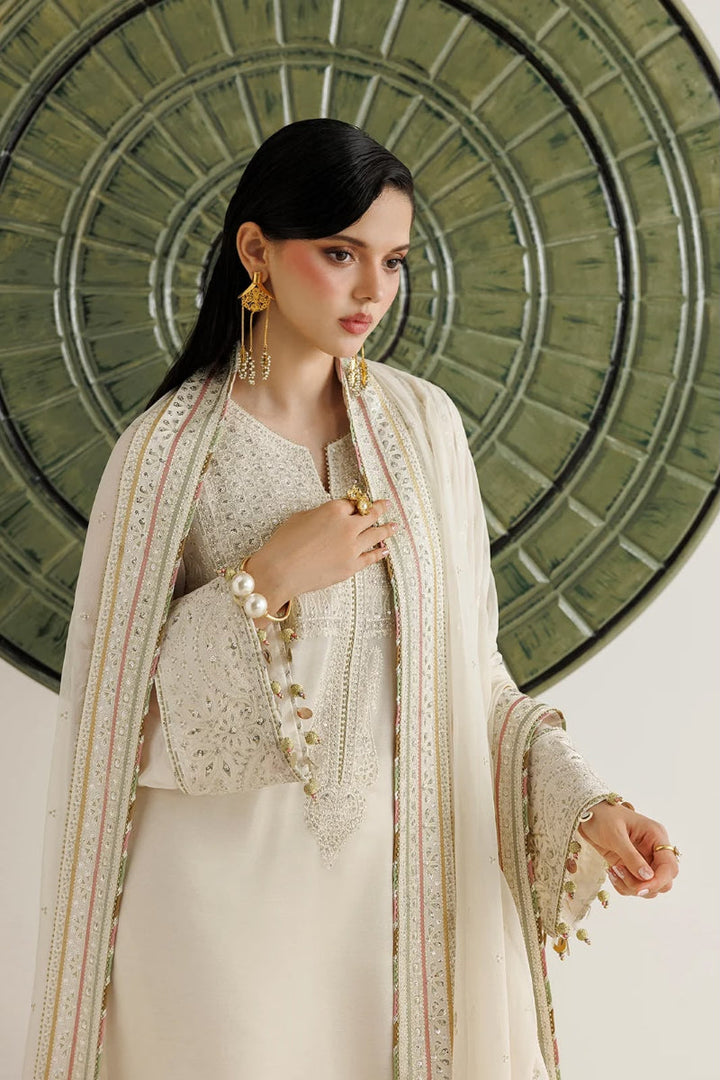 Elegant Ivory Semi Pure Chiffon Thread &amp; Sequence Embroidered Suit | ready to wear