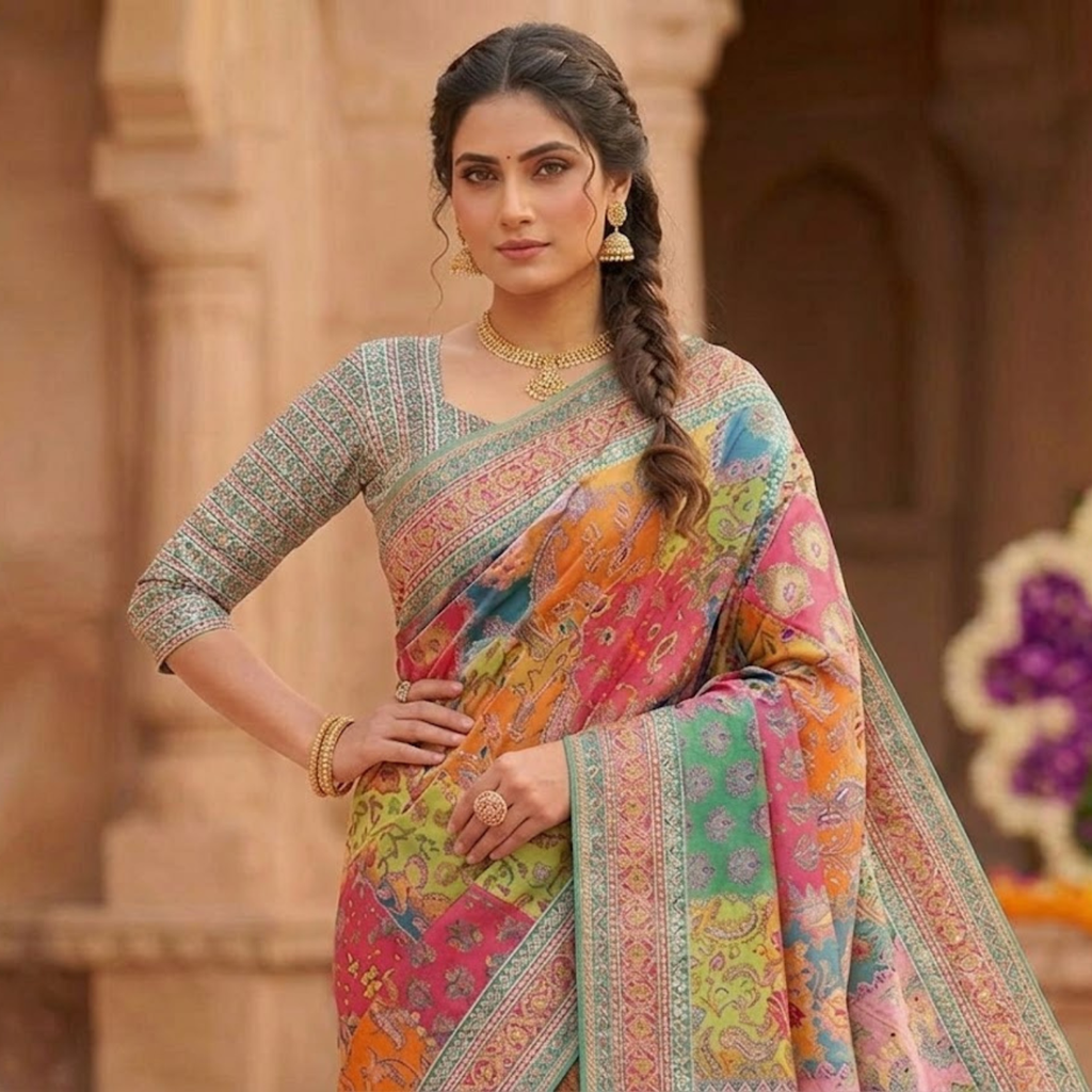 Chinon Silk Saree With Piping Border Latkan Tassels & Authentic Mirror Work Collection For Women