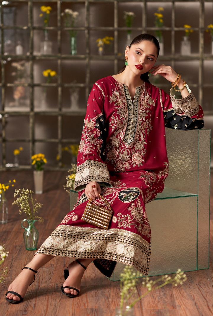 Maroon Embroidered Suit With Black Contrast | Ready To Wear