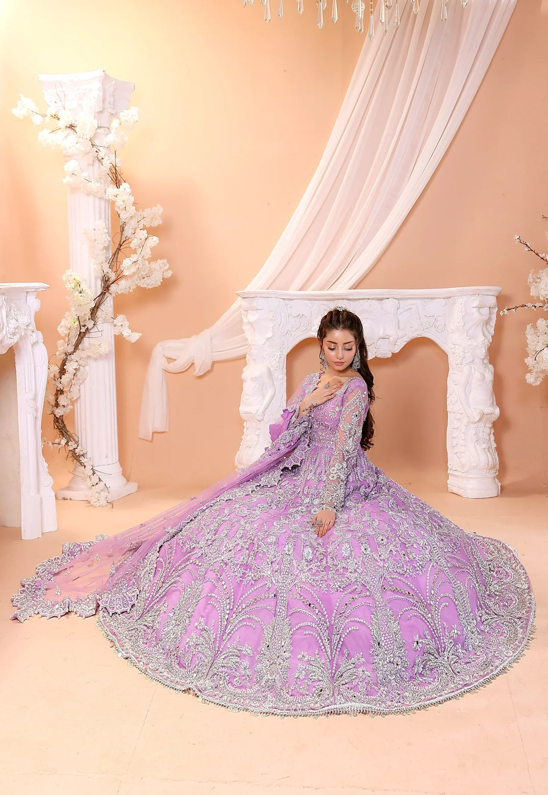 Pastel Lilac &amp; Sparkling Silver: Embroidered Net Bridal Lenge Choli | Ready To Wear