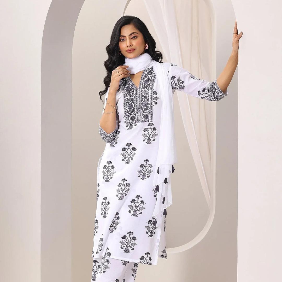 White Printed Cotton 3PCS Suit For Women