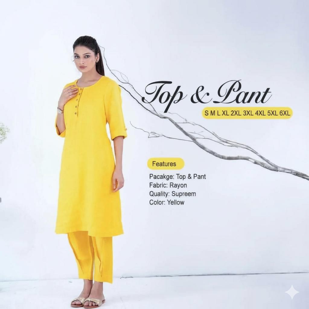 Rayon Yellow 2pcs Suit For Women Limited Stock 002