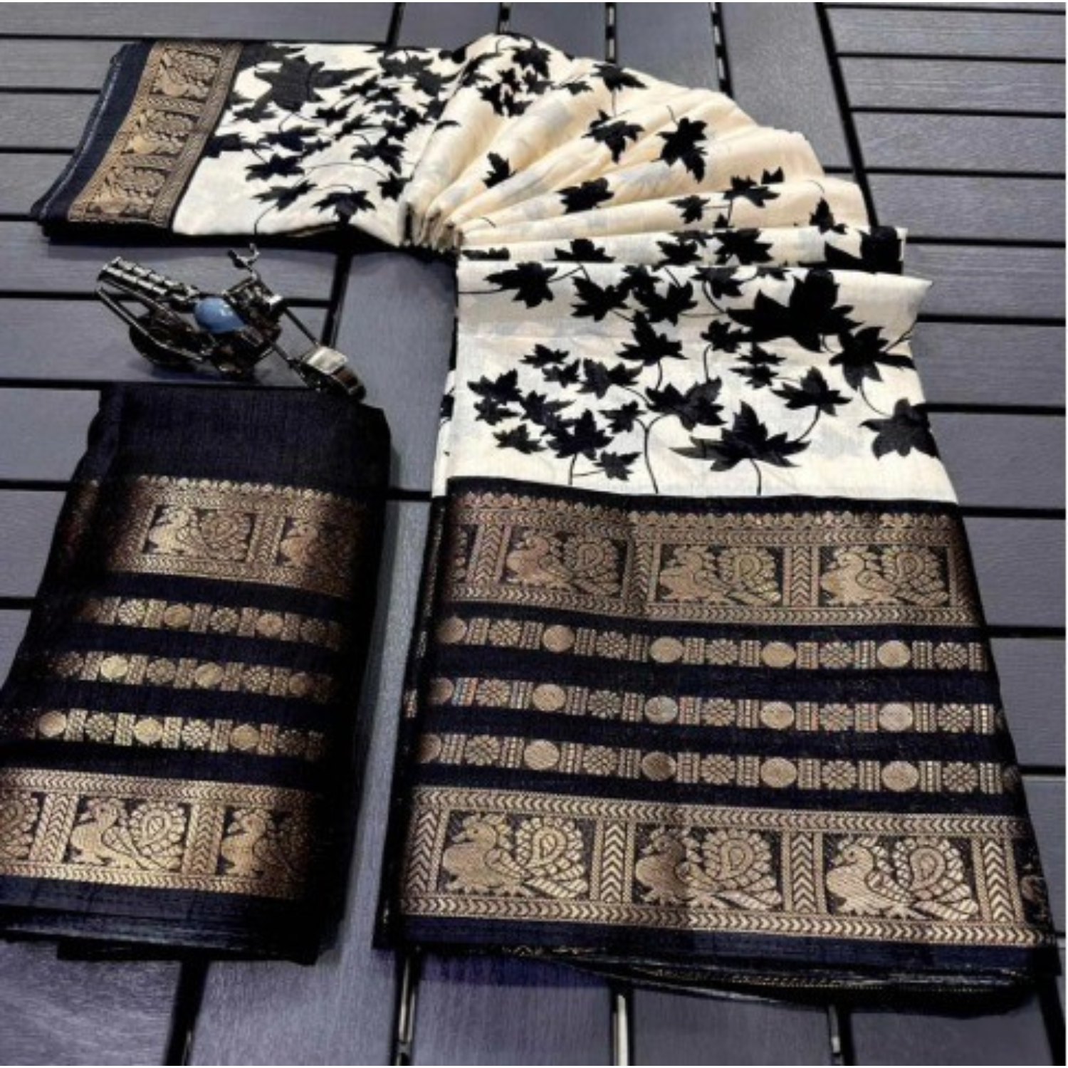 Classic Unstitched  Black And White Contrast Saree