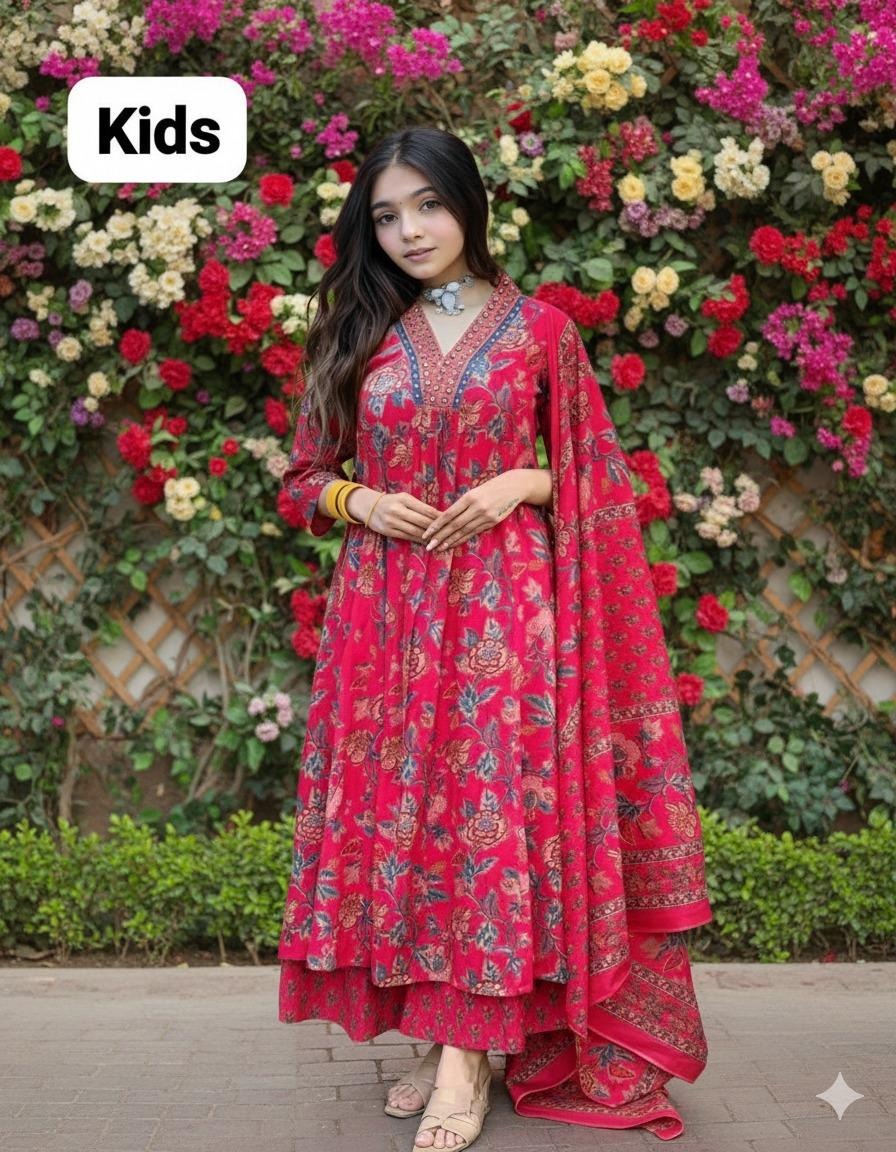 Ready to Wear  3Pcs  Anarkali Cotton Set  For Kids