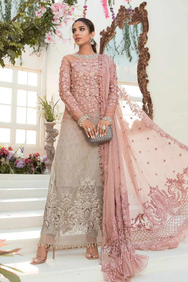 Dusty Rose Pink &amp; Ash Taupe: Embroidered Chiffon Suit | Ready To Wear