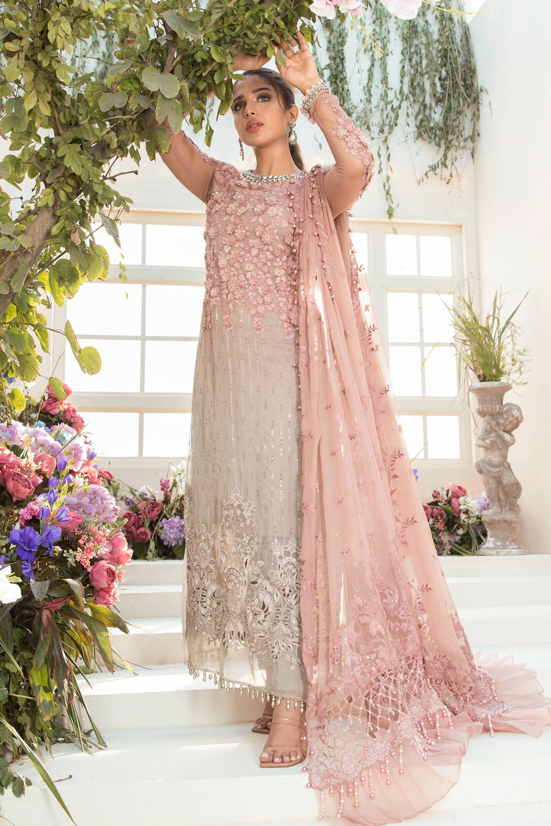 Dusty Rose Pink &amp; Ash Taupe: Embroidered Chiffon Suit | Ready To Wear
