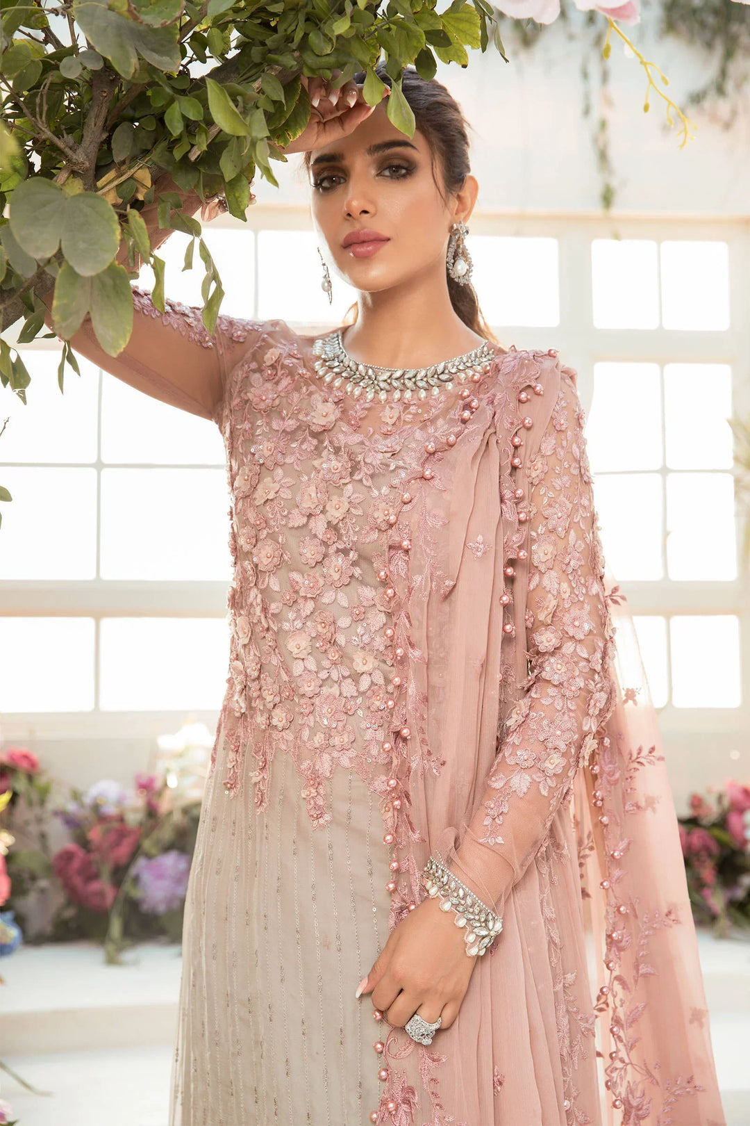 Dusty Rose Pink &amp; Ash Taupe: Embroidered Chiffon Suit | Ready To Wear