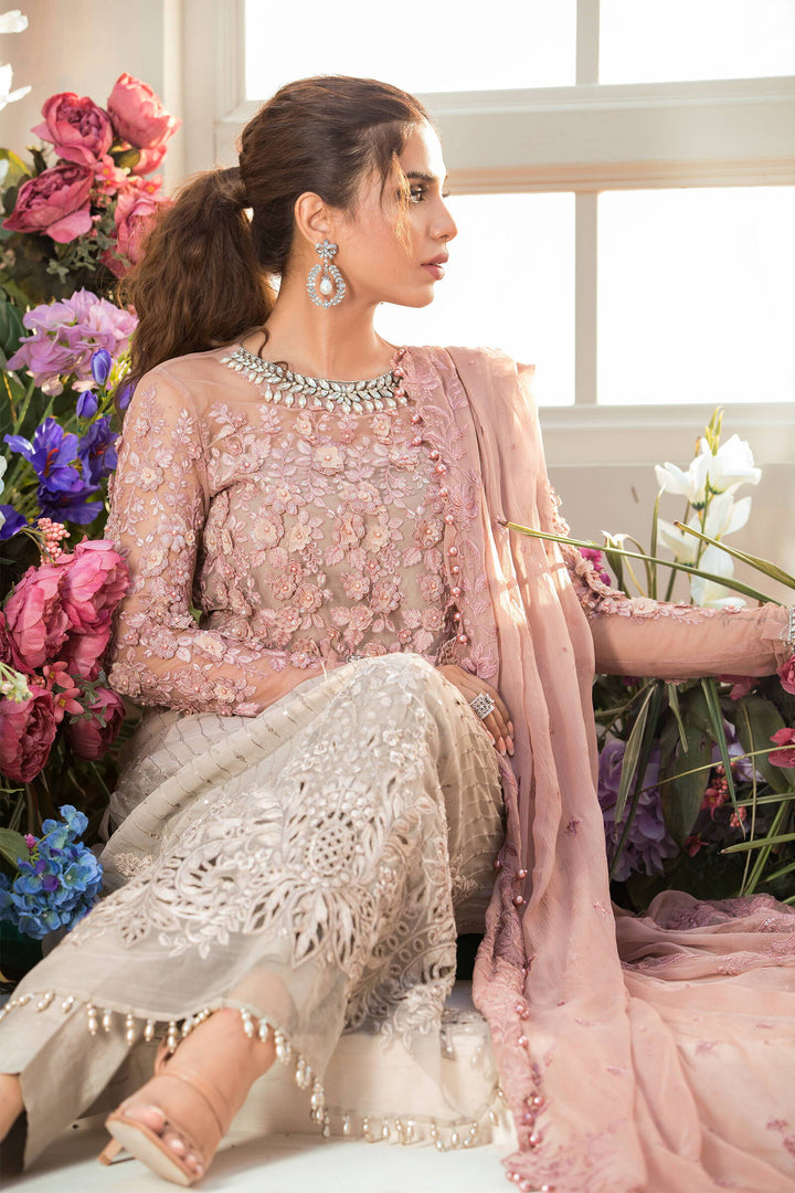 Dusty Rose Pink &amp; Ash Taupe: Embroidered Chiffon Suit | Ready To Wear