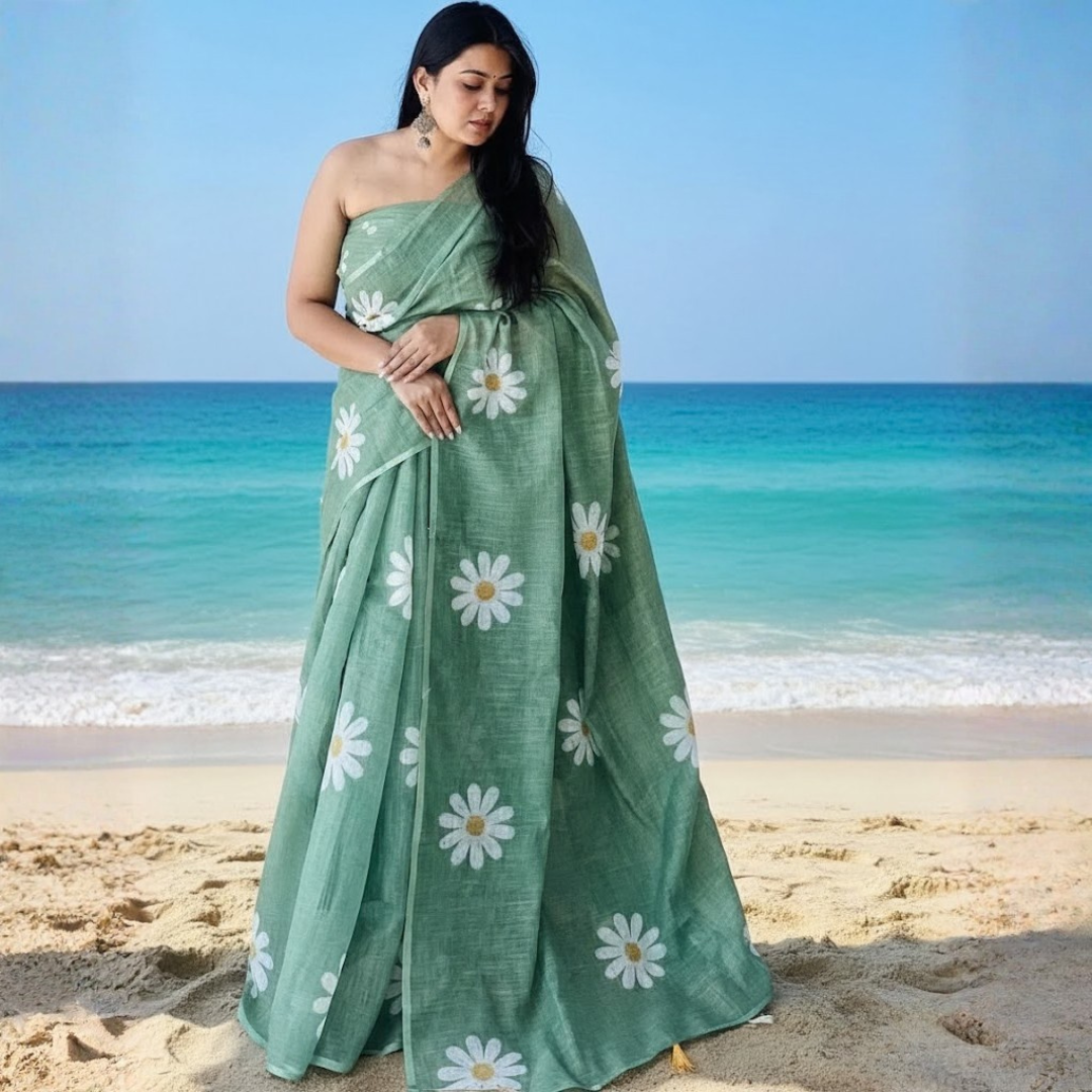 Printed Cotton Saree Collection  With Fumka Border  For  Women