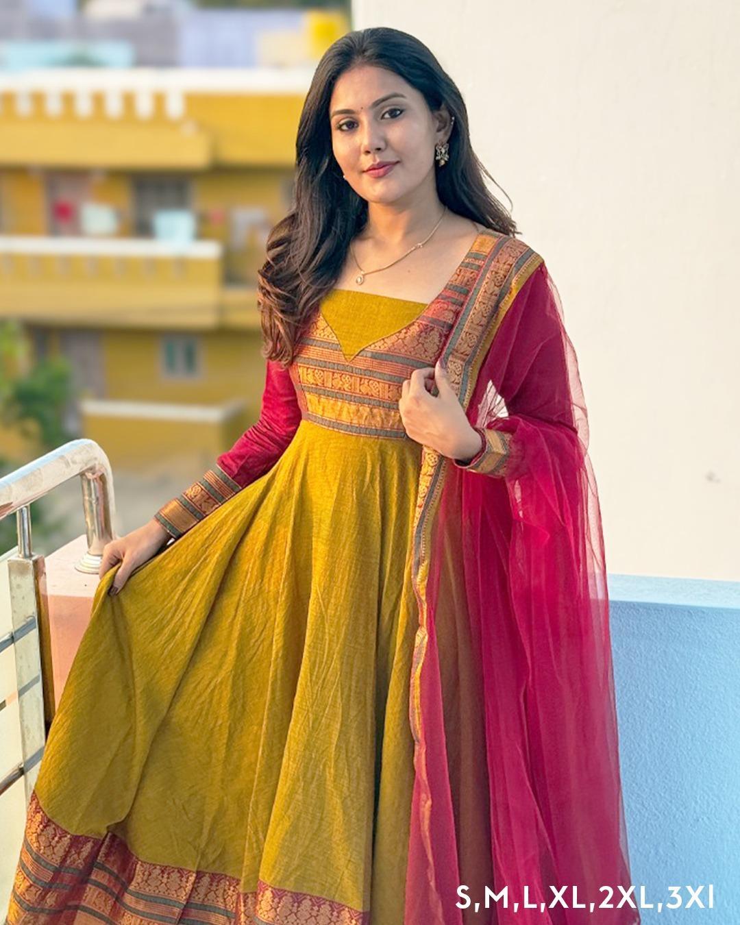 Mustard Anarkali Style Vichitra Silk with Beautiful Jequarad Lace Gown with Contrast Dupatta  002