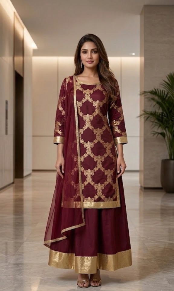 Heavy Rayon Gold Printed Dress With Skirt For Women