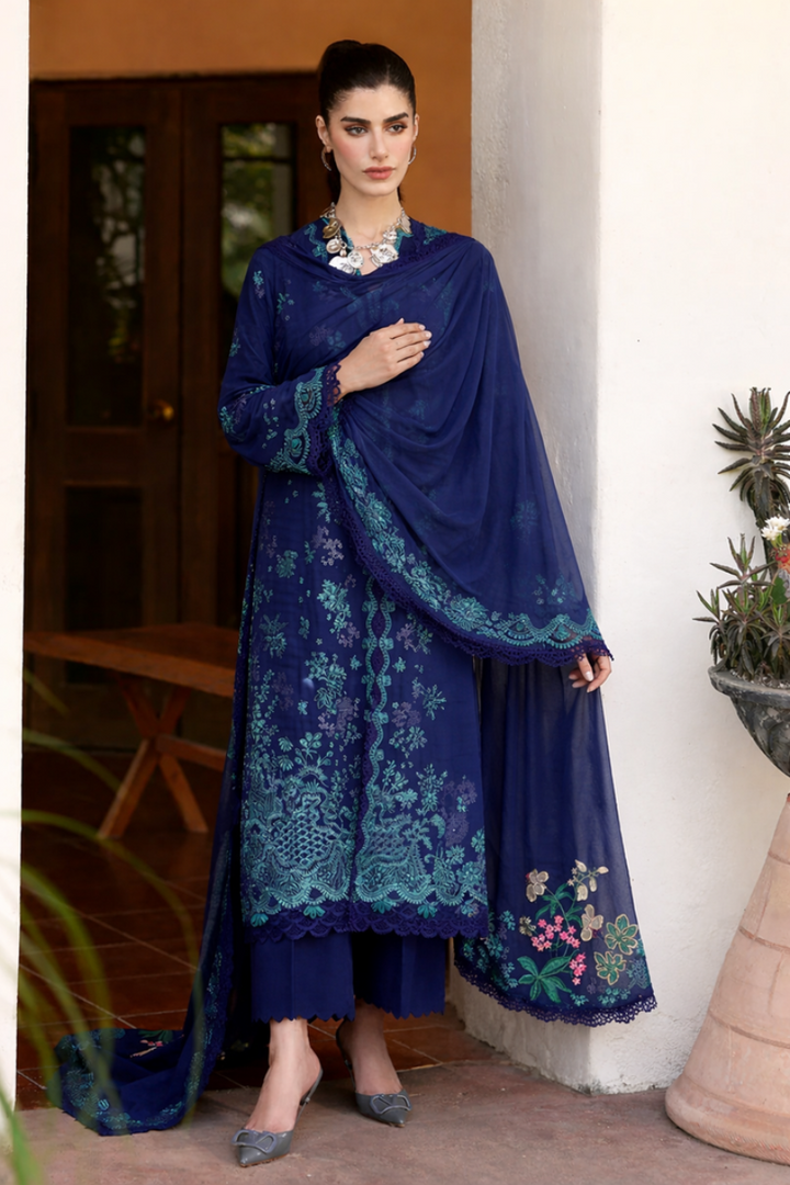 Royal Blue Embroidered Lawn Suit with Chiffon Dupatta | Ready To Wear