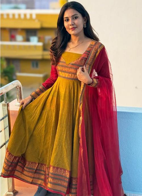 Mustard Anarkali Style Vichitra Silk with Beautiful Jequarad Lace Gown with Contrast Dupatta  002