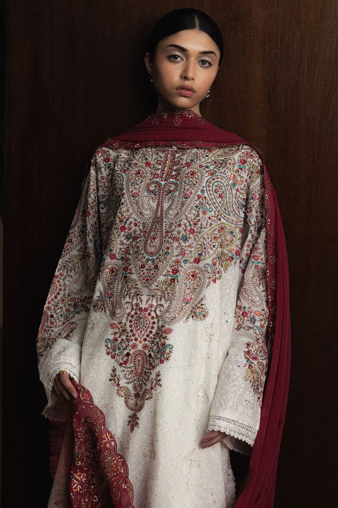 Ivory Kashmiri: Embroidered Lawn Long Kurta | Ready To Wear