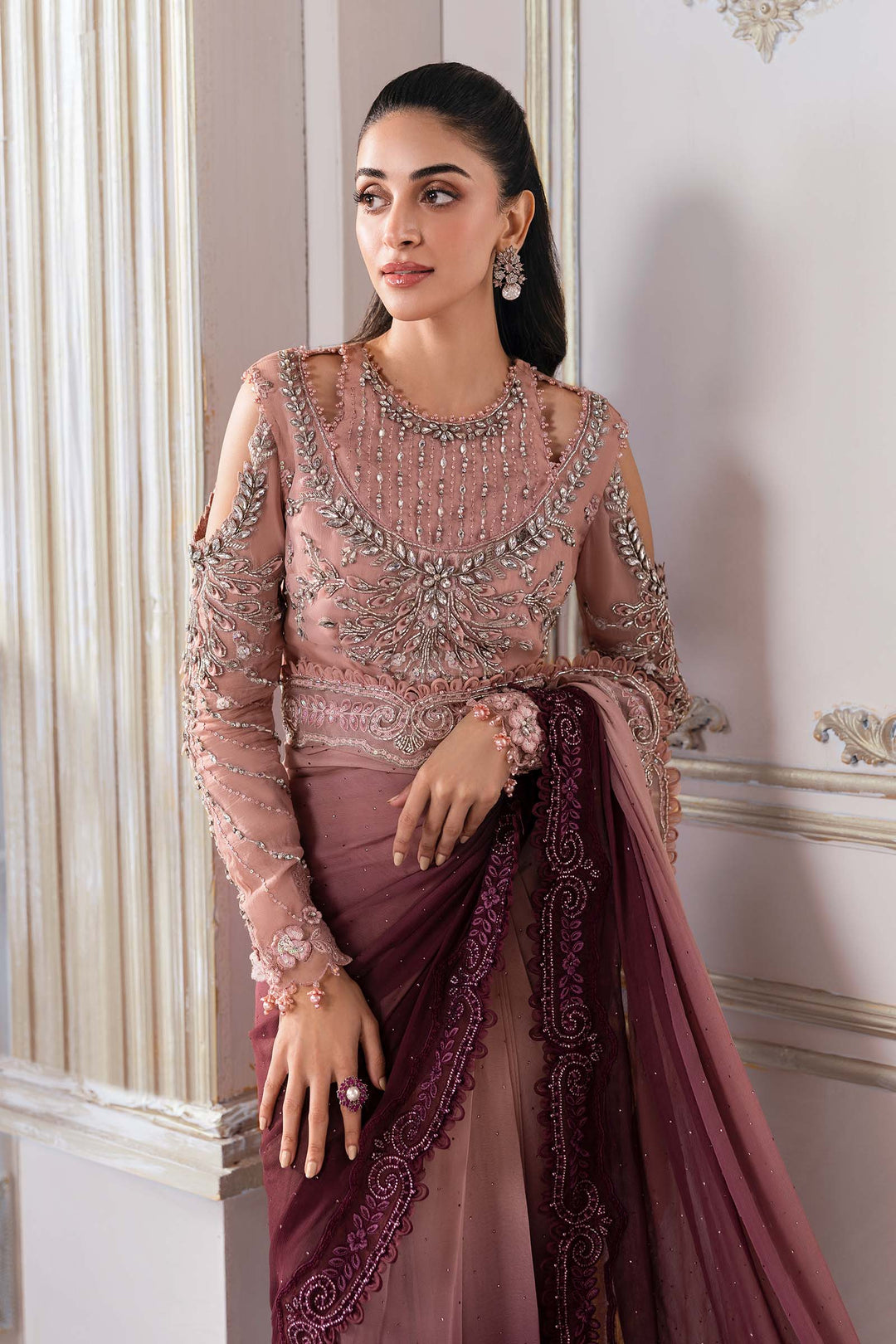 Dual-Tone Pink &amp; Wine: Embroidered  Net Saree  | Ready To Wear