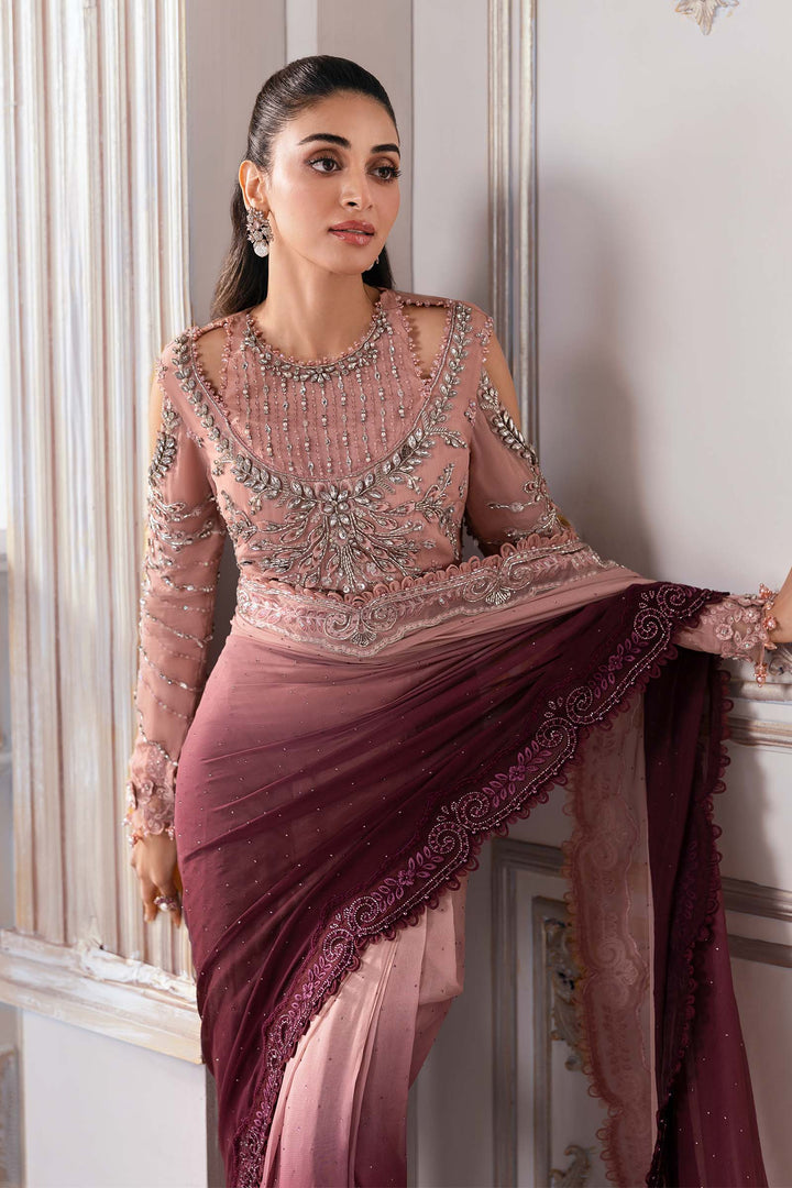 Dual-Tone Pink &amp; Wine: Embroidered  Net Saree  | Ready To Wear