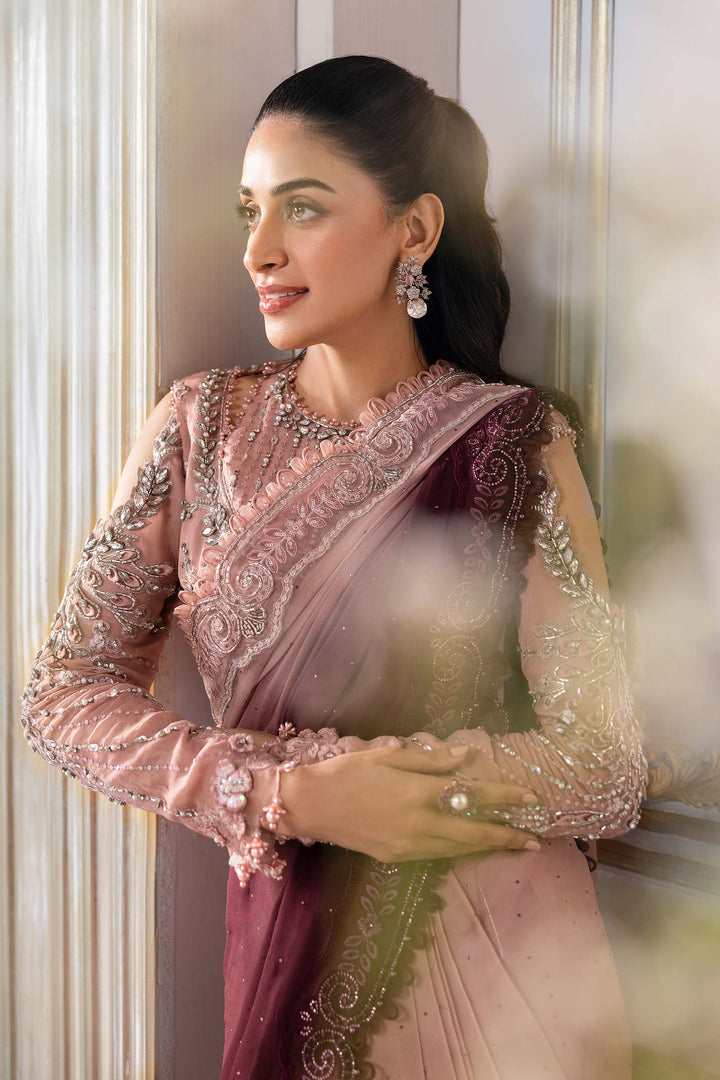 Dual-Tone Pink &amp; Wine: Embroidered  Net Saree  | Ready To Wear