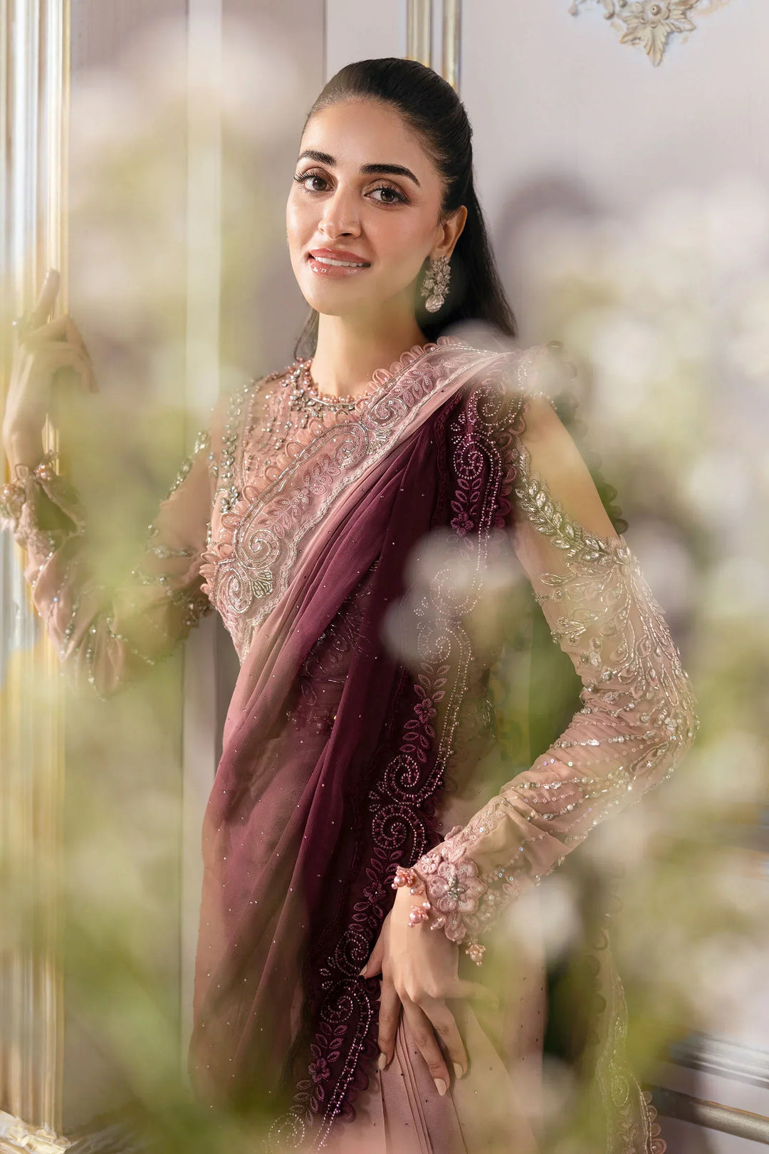 Dual-Tone Pink &amp; Wine: Embroidered  Net Saree  | Ready To Wear