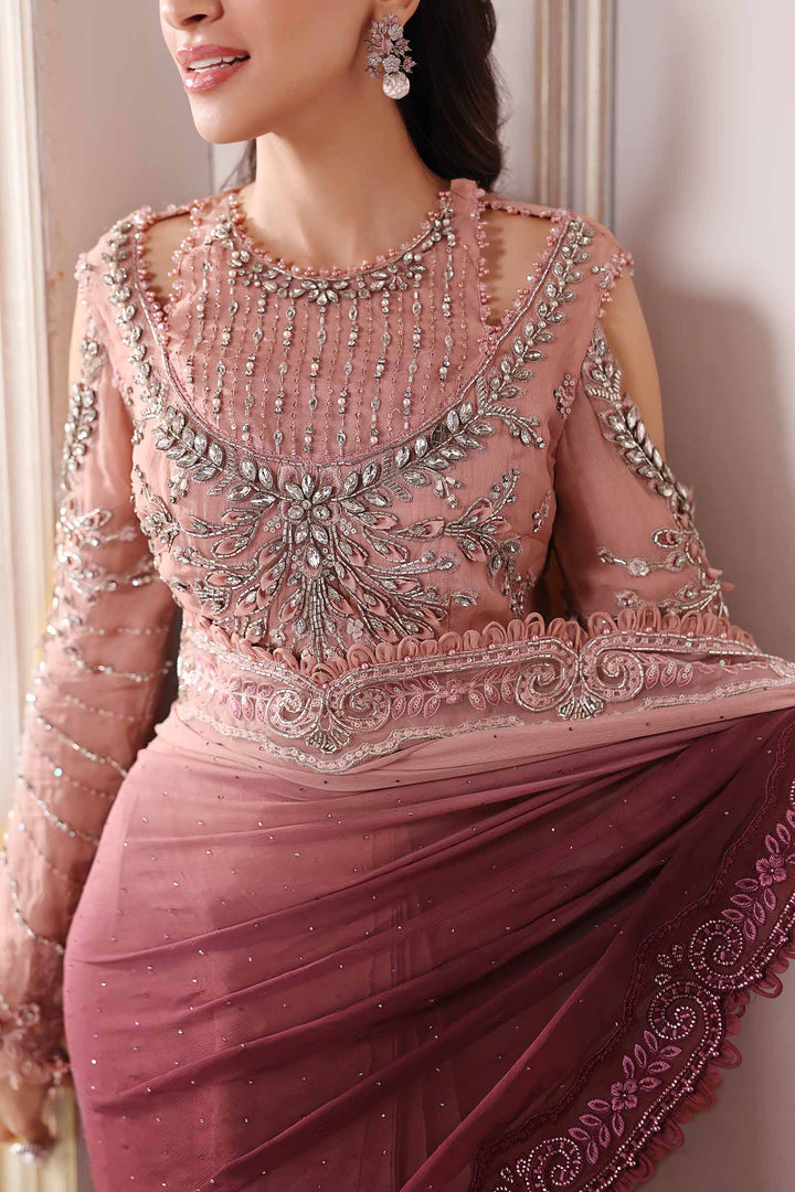 Dual-Tone Pink &amp; Wine: Embroidered  Net Saree  | Ready To Wear