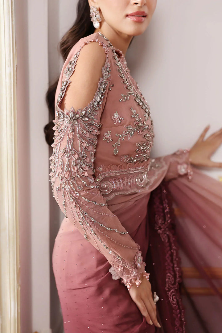 Dual-Tone Pink &amp; Wine: Embroidered  Net Saree  | Ready To Wear