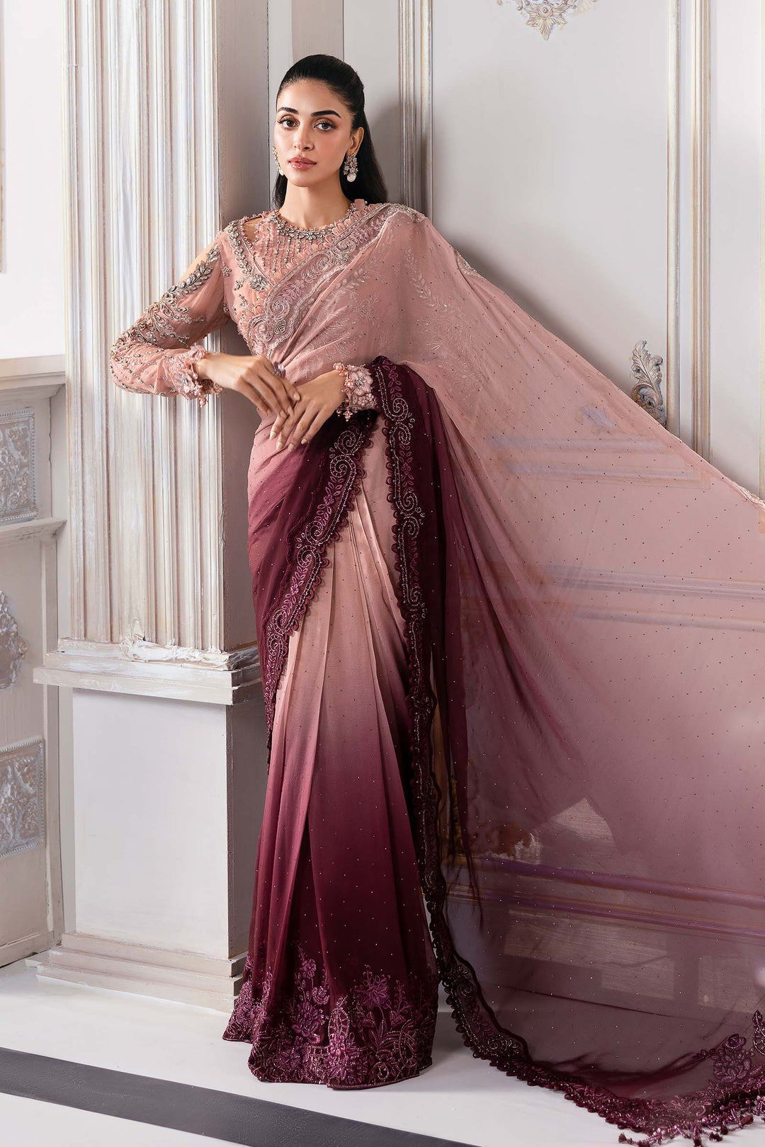 Dual-Tone Pink &amp; Wine: Embroidered  Net Saree  | Ready To Wear