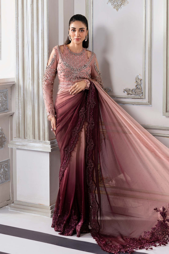 Dual-Tone Pink &amp; Wine: Embroidered  Net Saree  | Ready To Wear