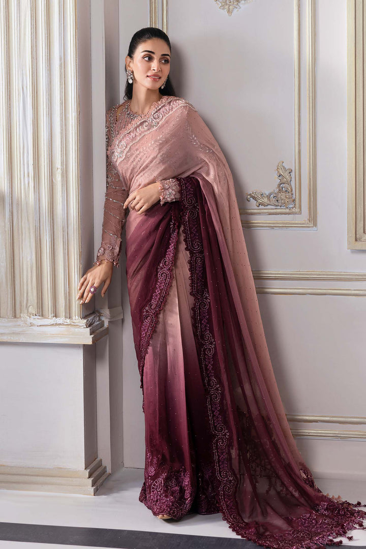 Dual-Tone Pink &amp; Wine: Embroidered  Net Saree  | Ready To Wear