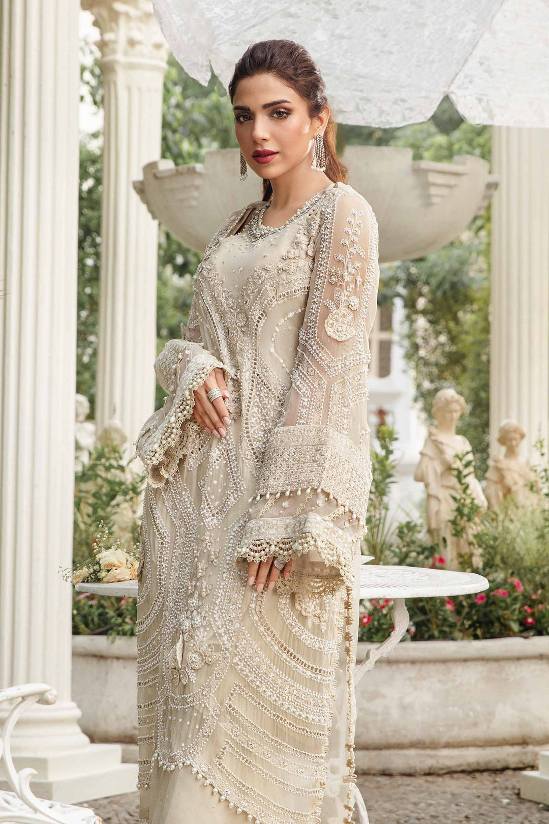 3-Piece Chiffon Suit With 3D Floral Handwork &amp; Ready-to-Wear Dupatta | RTW
