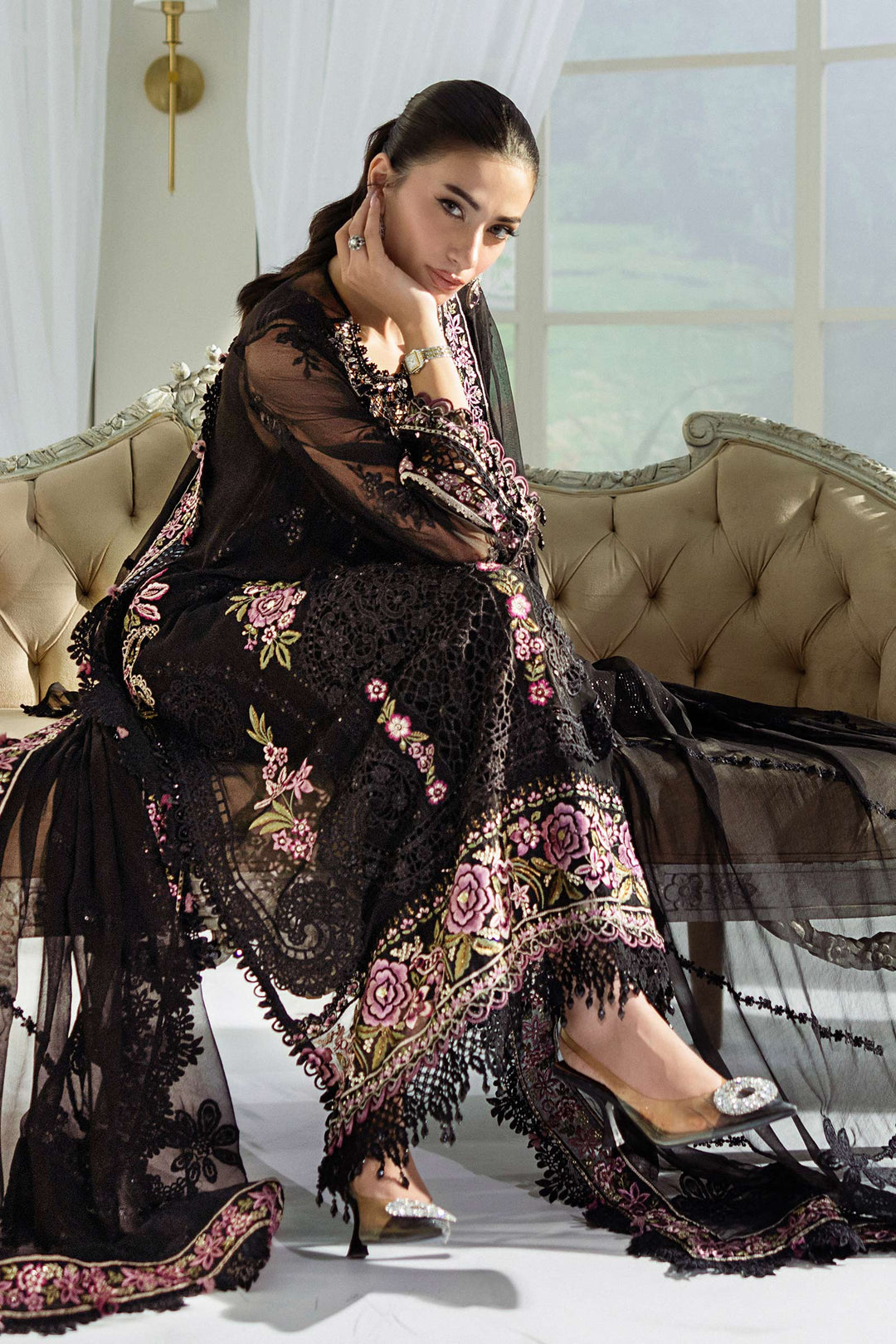 Jet Black &amp; Blush Pink Luxury Embroidered Chiffon Suit | Ready to Wear