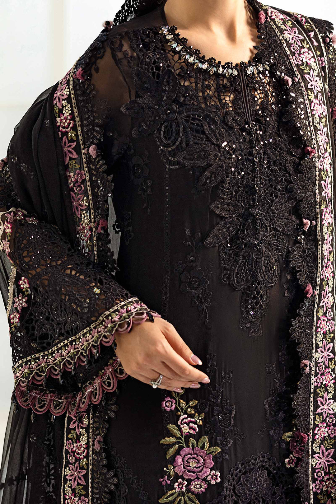 Jet Black &amp; Blush Pink Luxury Embroidered Chiffon Suit | Ready to Wear