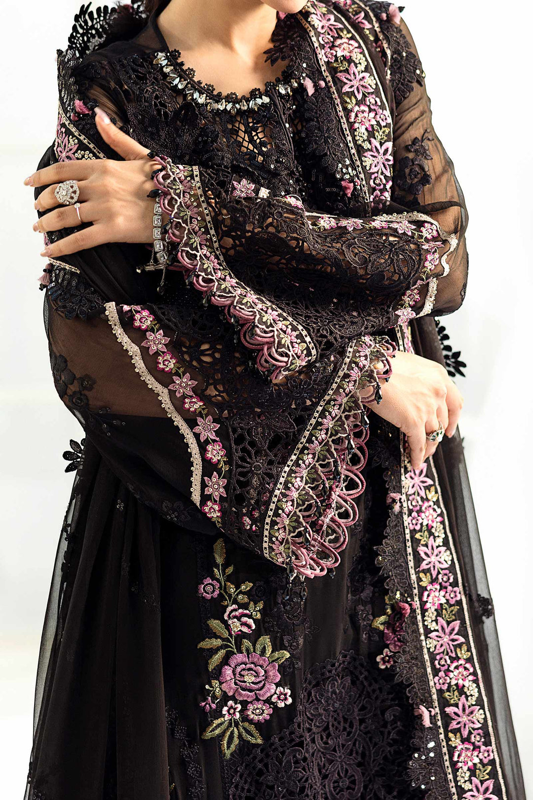 Jet Black &amp; Blush Pink Luxury Embroidered Chiffon Suit | Ready to Wear