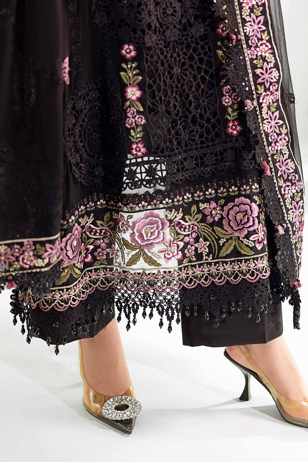 Jet Black &amp; Blush Pink Luxury Embroidered Chiffon Suit | Ready to Wear