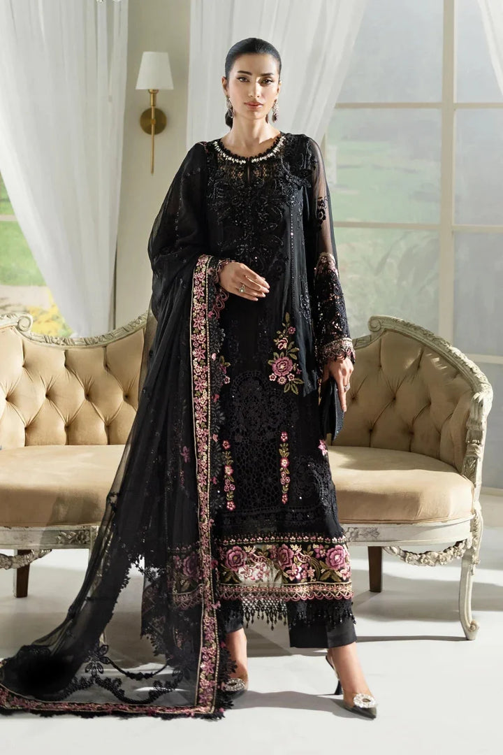 Jet Black &amp; Blush Pink Luxury Embroidered Chiffon Suit | Ready to Wear