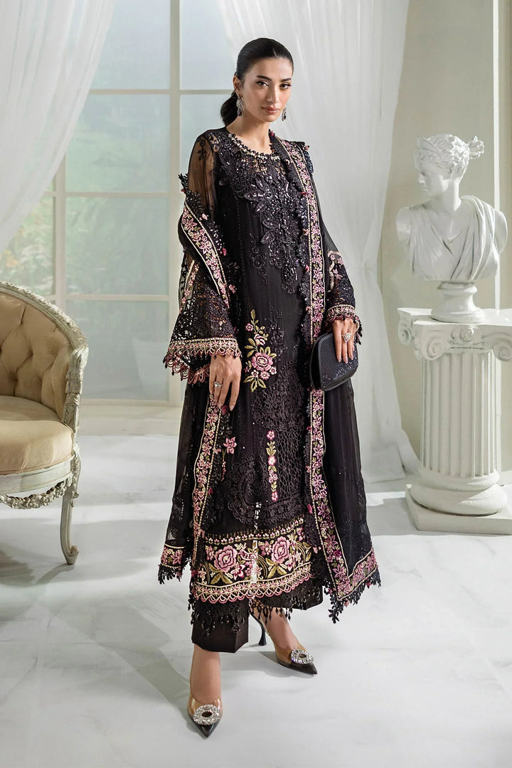 Jet Black &amp; Blush Pink Luxury Embroidered Chiffon Suit | Ready to Wear